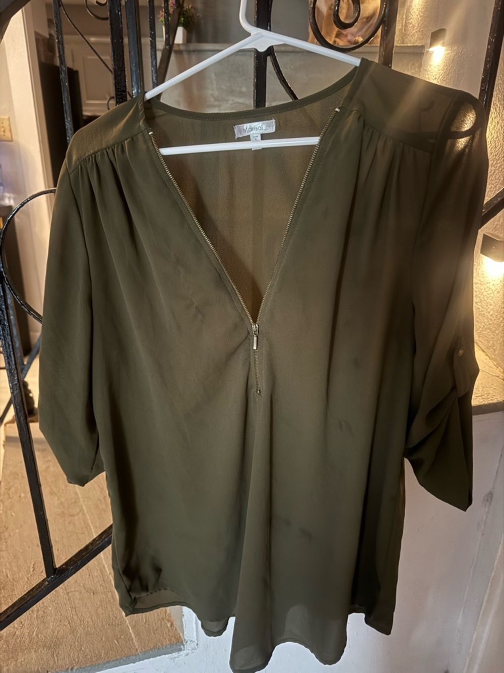 Lightweight Olive V-Neck Zip Front Blouse